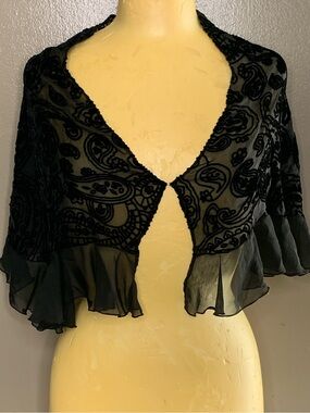 Black Paisley silk blend Velvet sheer Burnout Ruffled Bolero Shrug whimsey Goth